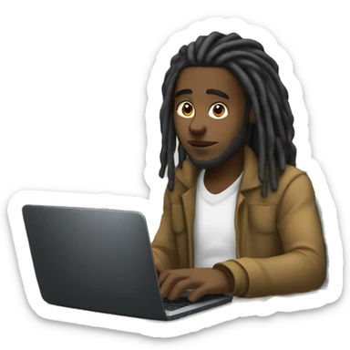 Black-guy-with-dreads-wearing-black-trackstuit-sitting-down-on-chair facing-foward-focused-on-laptop-computer- sticker