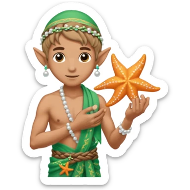 elf male Sarong with bioluminescent embroidery, armful of starfish, hair in a braid with pearl pins, pixel art style sticker