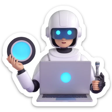 futuristic tech boy with robot helmet, glowing white circle, high-tech laptop, neon cyberpunk room, holographic displays, focused, mysterious sticker
