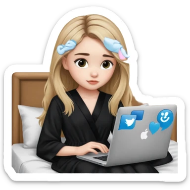 Sabrina carpenter in a black nightdress sitting on a bed with her laptop open  sticker