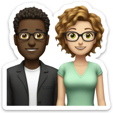 black male with spikey hair and glasses and white female with brown wavy hair , green eyes and glasses sticker