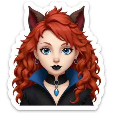  long curly red hair (darker), red pointed ears with black trim, black goth outfits, body and face human, blue eyes, more pointy chin, black lipstick, one big fluffy red squirrel tail with black tips, like the attached photo with more outfits and poses,  sticker