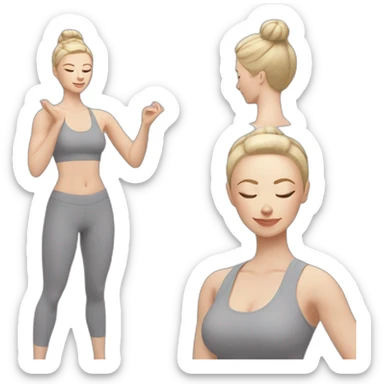Pale skinned fit woman In a gray tight yoga suit and wristbands With ash blonde hair in a bun doing yoga sticker