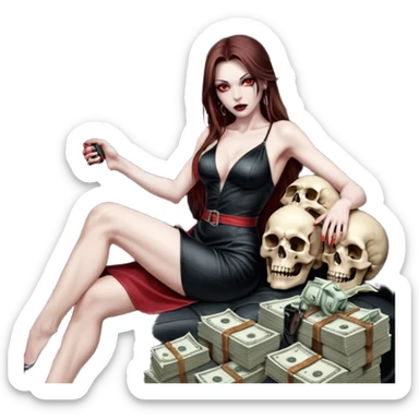 Lilith red eye seductress evil long brown haired sexy succubus woman with leather long dress with slit on, sitting in Big Large F350 pickup truck. Back seat full of stacks of cash, she is  Holding a human skull of her enemies and a gun in other hand sticker