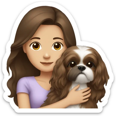 Brunette girl with brown long hair, hugging her Shih tzu sticker