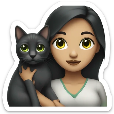 A Hispanic woman with  long black hair holding a Dark graycat with light green eyes sticker