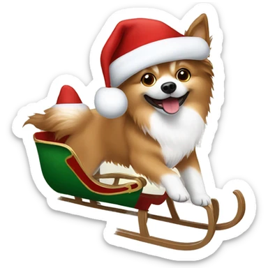 Brown and white German spitz riding on a sleigh wearing a Santa hat sticker