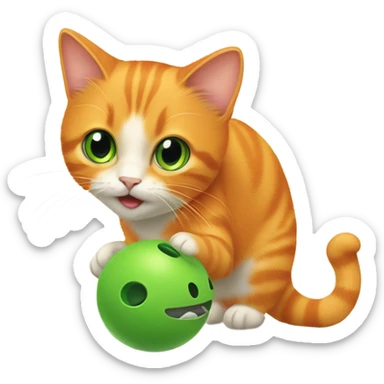Orange cat playing with a green toy mouse sticker