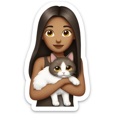 Dark brown straight hair girl holding white fluffy cat  sticker