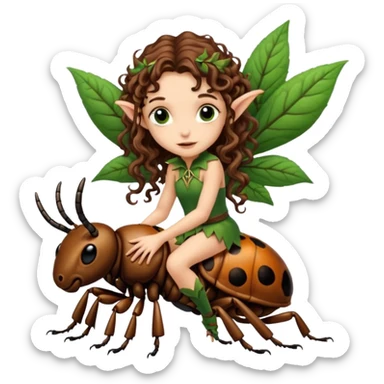 tiny forest elf long curly brown hair tattoos riding beetle sticker