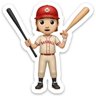 Wooden cylinder of wood with eyes mouth legs hands and arms holding a baseball bat sticker