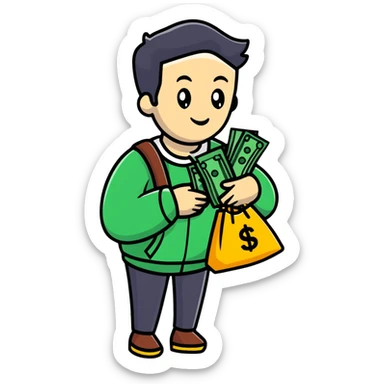 Person carrying money bag supporting a family, financial provider sticker