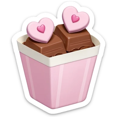 Two glossy square milk chocolate pralines placed diagonally, each in a white ridged paper cup, topped with a soft pastel pink heart icing with subtle sugar sparkle.
Cute minimal emoji-style, realistic and polished, clean studio lighting, pure white background, smooth 3D render, high resolution. sticker