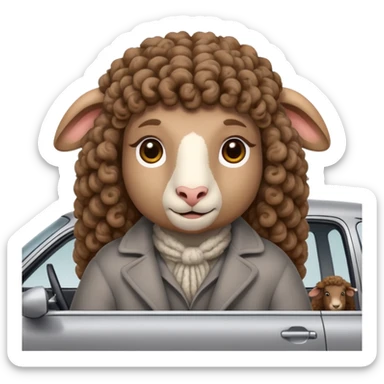 a sheep with long brown curly hair and brown eyes on a grey car sticker