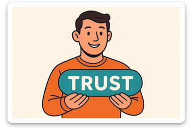 a man holding the word 'trust', friendly, modern illustration style sticker