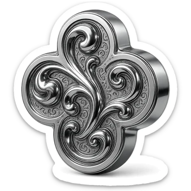 abstract chrome quatrefoil with swirling metallic forms and a luminous effect sticker