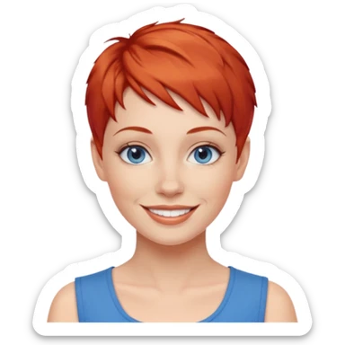 27 year old white woman, red hair, pixie cut, blue eyes sticker