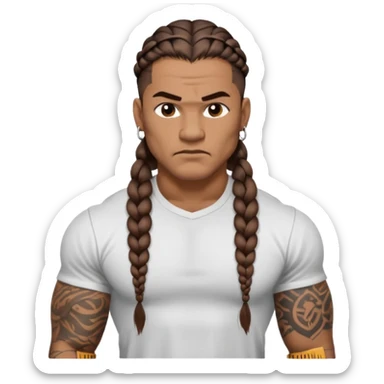 Samoan males with white t-shirt. long braided hair, very muscular, tattoos. street culture clothing. Tough and menacing. sticker