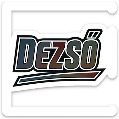 Dezső name in masculine, modern gradient font with precise Hungarian characters (long ő), dark outline, extra bold, prominent white letter border, dynamic slanted underline, masculine color gradient (blue, gray, burgundy, green, brown), 1000x1000 px, PNG, transparent background sticker