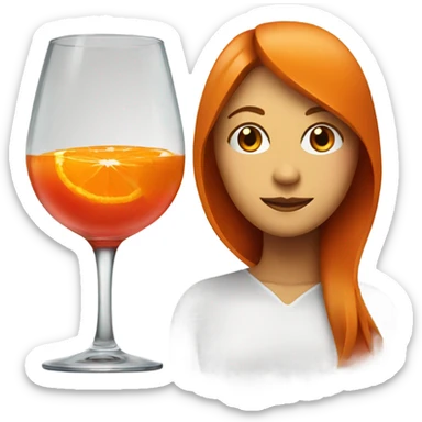 A glass with a red/orange liquid and an orange slice and too women behind it with a slightly buzzy face sticker
