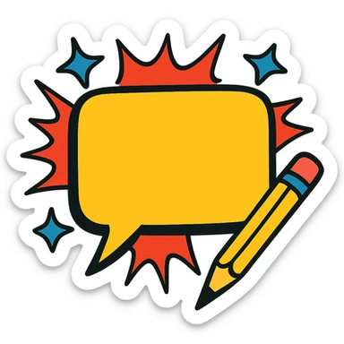 comic style speech bubble with a pen or pencil, representing a post caption as if it were a comment sticker