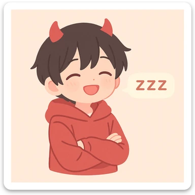 anime teenager with short black hair, red eyes, wearing a red hoodie and red devil horns, three ZZZ's in a horizontal speech bubble, falling asleep sticker