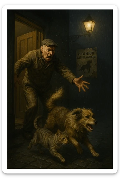 Un uomo anziano in tuta da lavoro, con espressione arrabbiata, butta fuori i suoi animali con aperta la porta di casa mentre il suo cane (un meticcio a pelo lungo) e il gatto (soriano) scappano nella strada buia sotto la pioggia. Particelle di polvere/pulci fluttuano nell'aria illuminata dal lampione. Sullo sfondo, un poster strappato del veterinario con scritto 'Prevenzione antiparassitaria'. Stile fotorealistico, illuminazione Caravaggesca, toni grigi e ocra. in italiano sticker
