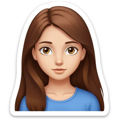 In the photo, the girl has long brown hair that falls around her shoulders. Her skin looks smooth, and she has a friendly. Her eyes are likely bright and engaging, sticker