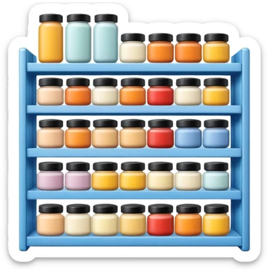 Japanese brand creams displayed on a storage shelf, arranged with horizontal variation and vertical consistency, with identical items placed directly behind one another. sticker