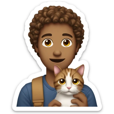 Guy with short brown curly hair holding a cat sticker
