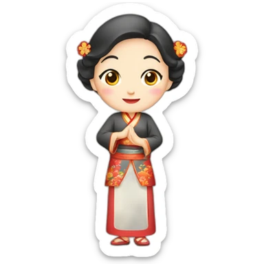 Chinese middle aged lady wear Chinese traditional dresses with a sign of agreeable gesture sticker