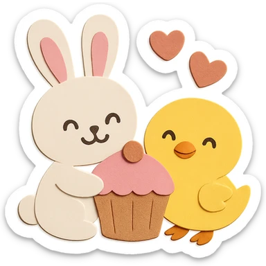 Make both the bunny and chick have happy, smiling faces, keep the paper-craft style and color palette sticker