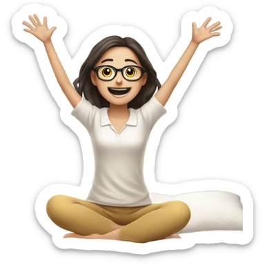 Happy pale girl wearing glasses wakes up in bed and stretches hands up in the air  sticker