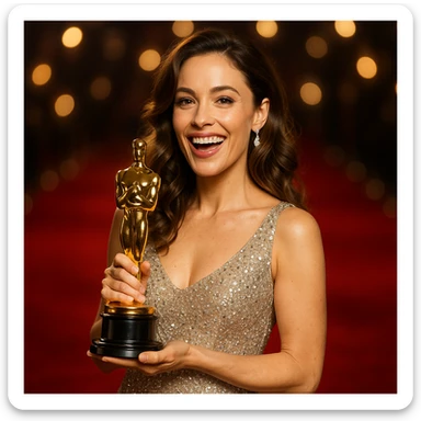 a Hollywood film star holding an Oscar trophy, sparkling dress, joyful expression sticker