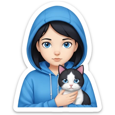 black hair girl wear hoodie with white blue eye cat sticker