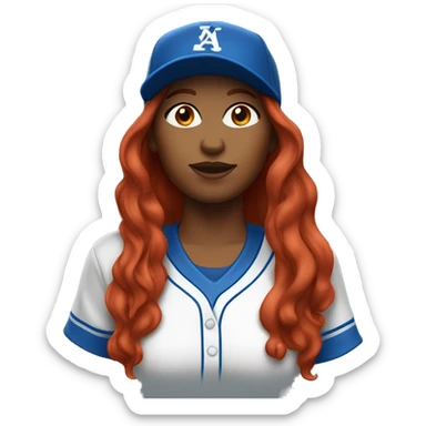 front facing standing up female coach with long red hair, wearing a white t-shirt and a simple baseball blue hat sticker