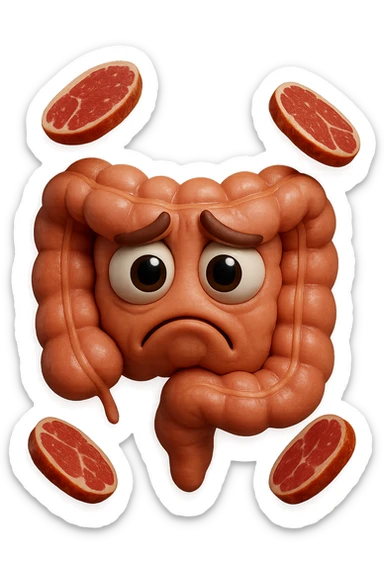 emoji stile iphone in 3d di un intestino triste con fette di carne che gli fluttuano intorno, gli occhi falli con la parte bianca pure, iperrealistico 4k sticker