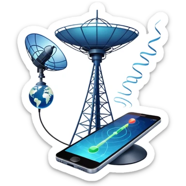 An icon featuring a satellite dish, a cell tower emitting signals, and a smartphone displaying a chat interface. The design includes fiber-optic cables and data waves, symbolizing global communication, connectivity, and information exchange. Transparent background. sticker
