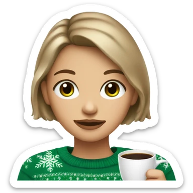 Light brown short haired girl with green eyes drinking coffee wearing blue Christmas sweater sticker