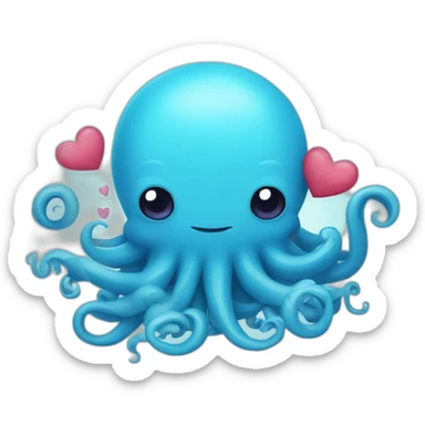 cute blue kraken with adorable face with many hearts around sticker