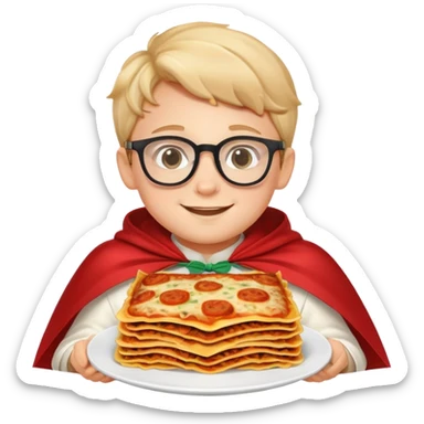 smiling boy in glasses with lasagna and cape sticker