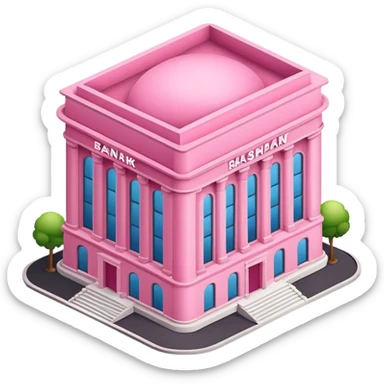 isometric style large pink building or bank with tall rectangular windows and round groundplan, emoji style sticker