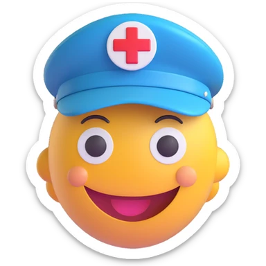 3D smiley emoji, round shape, paramedic hat, smiling face sticker