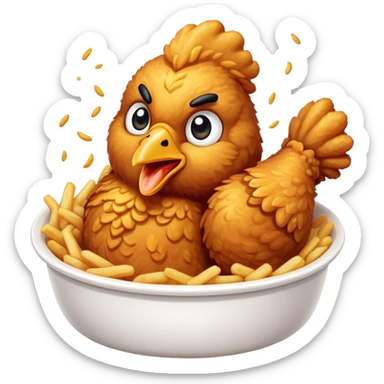 Cinematic crispy fried chicken, golden and crunchy, juicy inside, steaming as it is freshly served, sprinkled with seasoning, rich golden tones, inviting and delicious. sticker