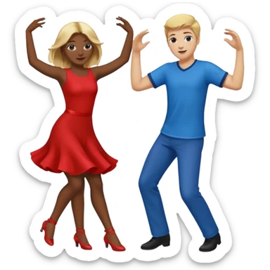 Two people dancing, one wearing red with blond hair and one wearing blue with brown hair and dark skin sticker