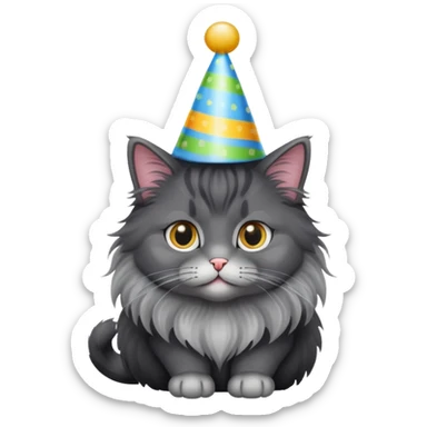 Fluffy black gray long haired cat birthday sticker