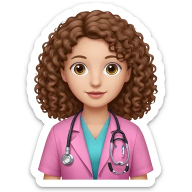 médica, cabelo castanho, pele branca, cabelo cacheado/ondulado, cabelo comprido, roupa rosa sticker