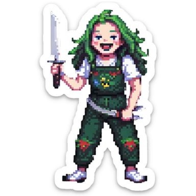 pixelated savage person in 1988 fashion with neon colors, holding knife, wicked laugh sticker