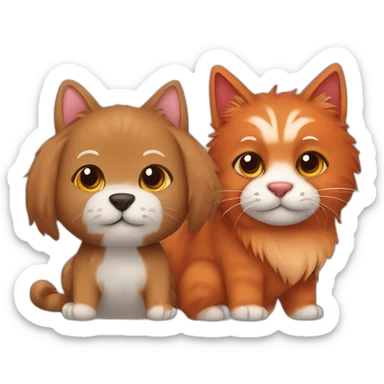 Brown furry dog and a red cat holding paws sticker