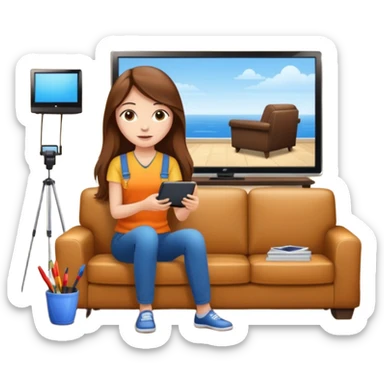 beautiful girl with long brown hair constructing new lounge room area with flat screen tv and couch sticker